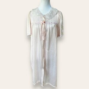 Vintage 1980’s dainty lace collar long night gown blush pink size XL 3/4 sleeve 